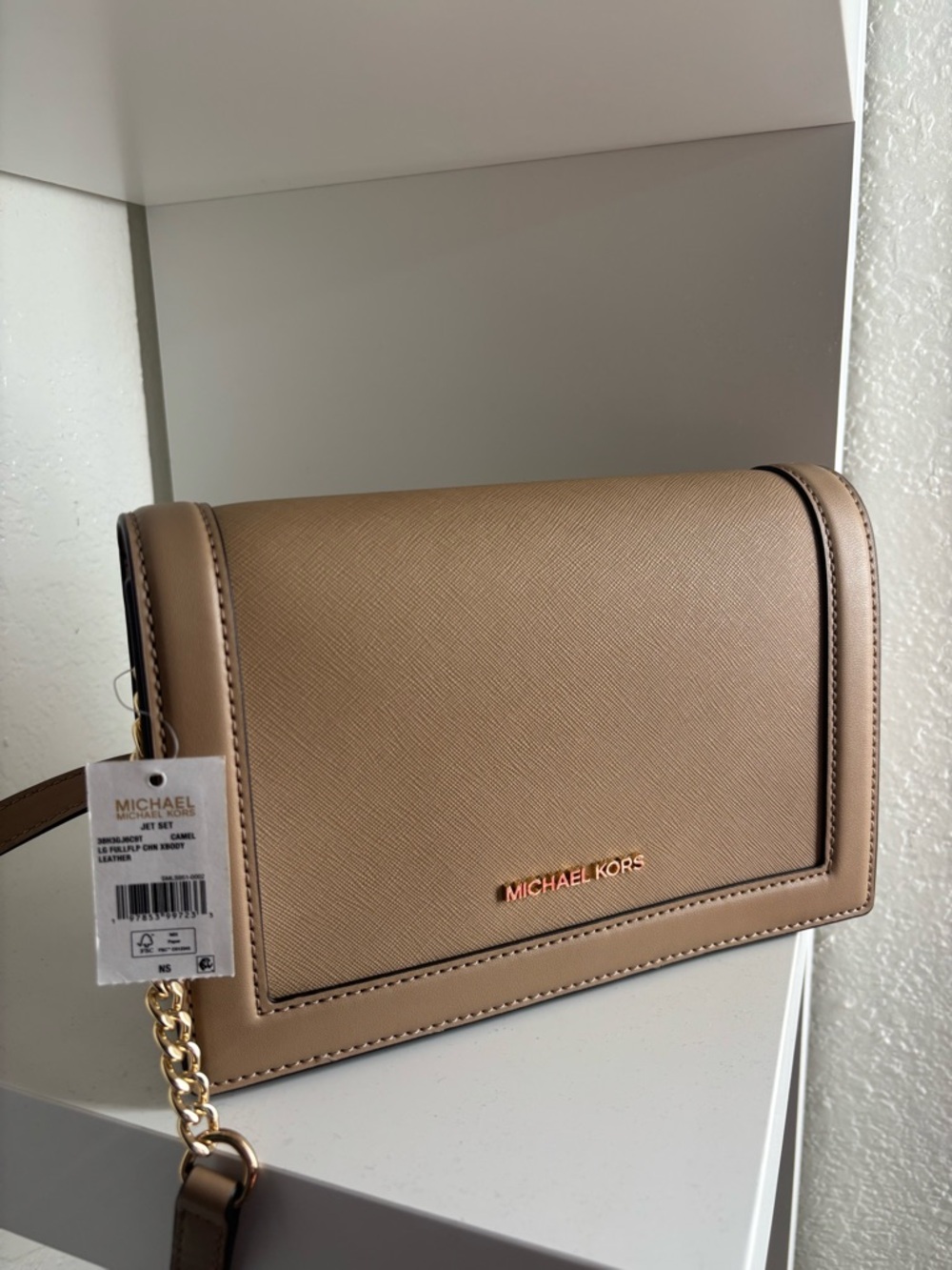 Michael Kors Beige/Tan Saffiano Leather Crossbody with Gold Accent